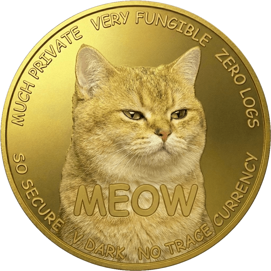 The Meownero coin: a gold coin with a serious cat and the word MEOW.